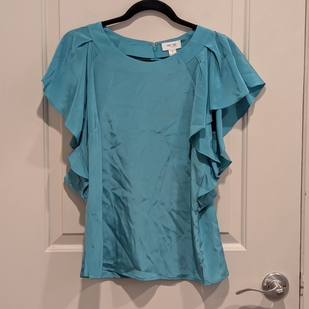 Per Se By Carlisle Chic Light Teal Ruffle Sleeve Silk Blouse Size 8